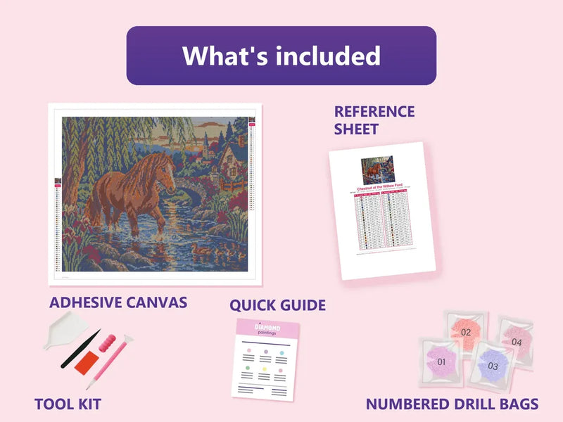 What is included in the Chestnut at the Willow Ford diamond painting kit - adhesive canvas, reference sheet, tools and numbered drill bags