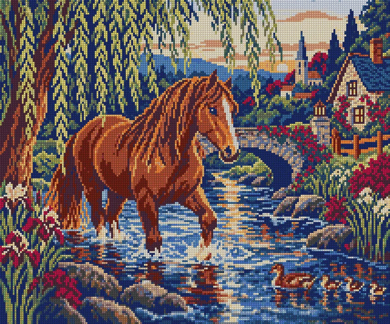 Chestnut at the Willow Ford, 60x50 cm diamond painting – full design preview without the close-up inset