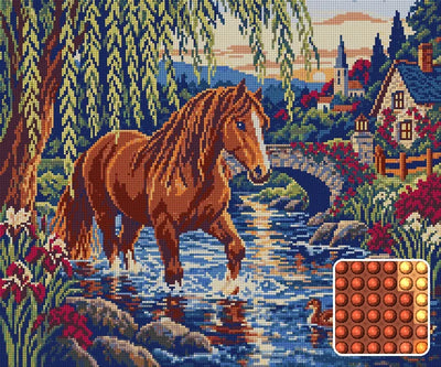 Chestnut at the Willow Ford, 60x50 cm diamond painting – finished design preview with a close-up of round drills