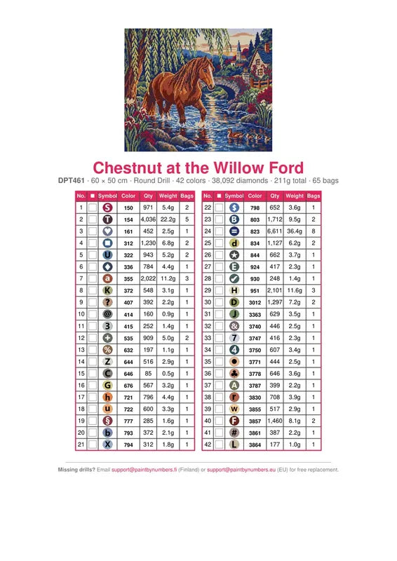 DMC color chart for Chestnut at the Willow Ford diamond painting - 42 colors