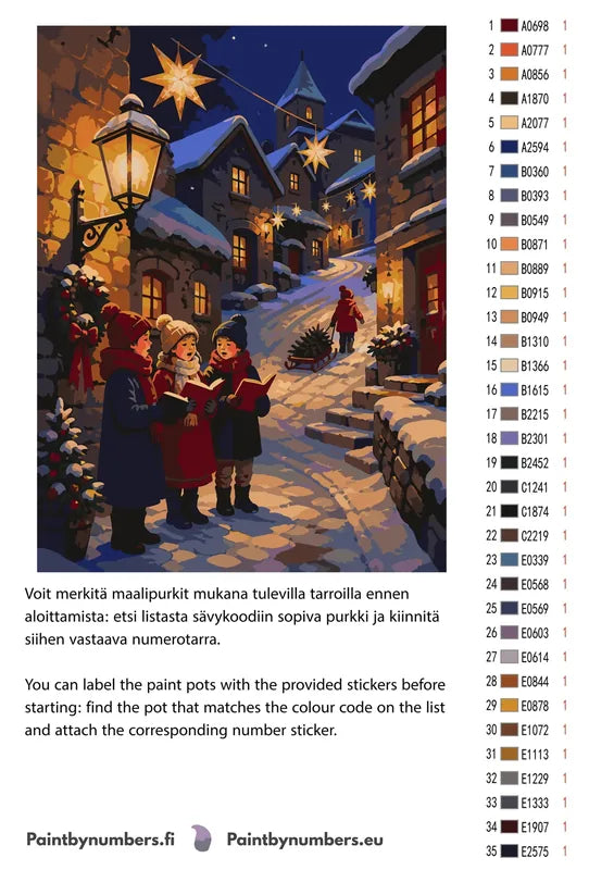 Paint color chart and instructions - Children Singing Christmas Carols 30x40cm