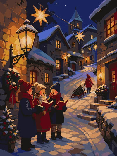 Children singing Christmas carols in village paint by numbers.