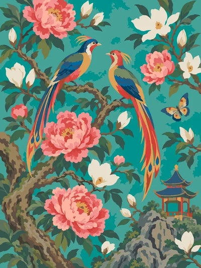 Two colorful birds on flowering branch paint by numbers.