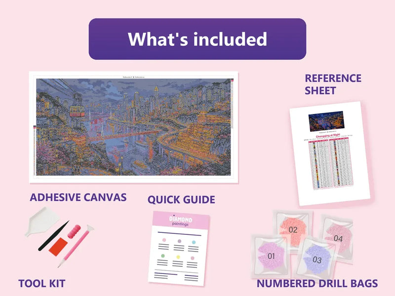 Chongqing at Night 160x80cm diamond painting kit contents: adhesive canvas, color chart, tools, and diamond bags