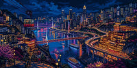Thumbnail for Diamond painting of a city at night, featuring a riverside, skyscrapers, a cable car, and neon lights.