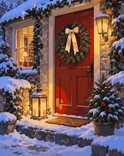 Red door with Christmas wreath and snow paint by numbers.