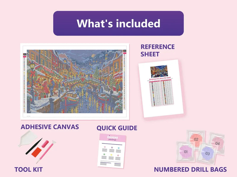 What is included in the Christmas Eve above the Canal diamond painting kit - adhesive canvas, reference sheet, tools and numbered drill bags