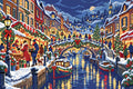 Miniatyrbild: Förhandsvisning: en snöig kanalstad med julmarknad, granar och människor som bär paket