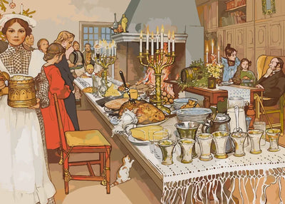 Julbord, brasa och levande ljus i Carl Larssons Julaftonen, ett måla efter nummer-motiv