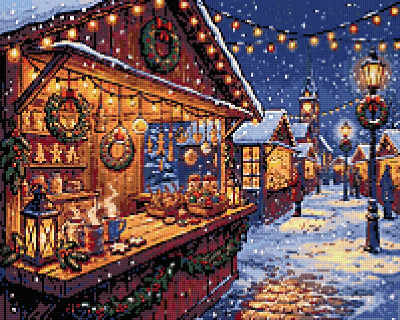 Diamantmönster: en snöig julmarknad med träbodar, kransar och kvällsbelysning