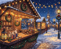Thumbnail for Diamond painting featuring a winter Christmas market, wooden stalls, decorations, and snowfall in evening lighting.