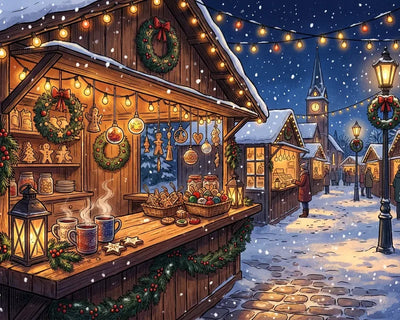 Diamond painting featuring a winter Christmas market, wooden stalls, decorations, and snowfall in evening lighting.