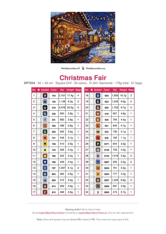 Christmas Fair diamond painting color chart – 34 DMC colors