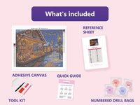 Thumbnail for Christmas Fair 50x40cm diamond painting kit contents: adhesive canvas, color chart, tools and diamond bags