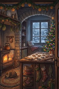 Thumbnail for Diamond painting featuring a Christmas kitchen, gingerbread cookies, a fireplace, and a decorated tree with a snowy landscape.