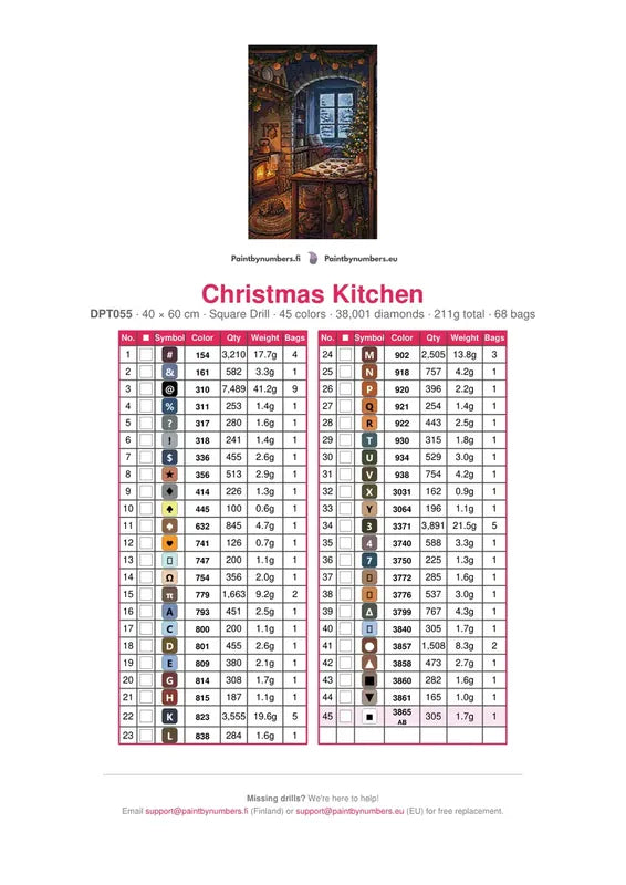 Christmas Kitchen diamond painting color chart – 45 DMC colors