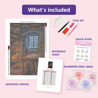 Thumbnail for Christmas Kitchen 40x60cm diamond painting kit contents: adhesive canvas, color chart, tools and diamond bags