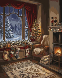 Thumbnail for Christmas living room scene Paint By Numbers, with a fireplace, tree, and presents.
