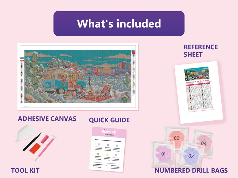 What is included in the Christmas on the Desert Road diamond painting kit - adhesive canvas, reference sheet, tools and numbered drill bags