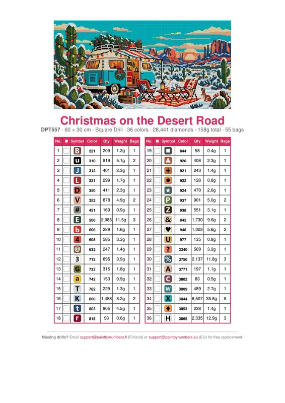 DMC color chart for Christmas on the Desert Road diamond painting - 36 colors