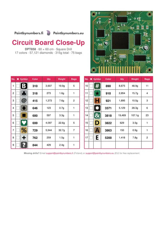 DMC color chart for Circuit Board Close-Up diamond painting - 17 colors