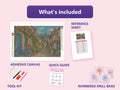 Thumbnail for What is included in the Circus Lane Bicycle Stop diamond painting kit - adhesive canvas, reference sheet, tools and numbered drill bags