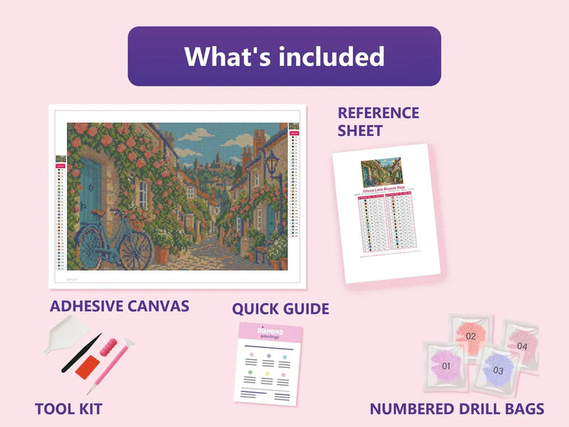 What is included in the Circus Lane Bicycle Stop diamond painting kit - adhesive canvas, reference sheet, tools and numbered drill bags