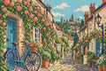 Miniatyrbild: Diamond painting-motiv med en blå cykel vid en dörr på en bygata med klätterrosor