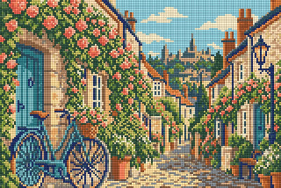 Diamond painting-motiv med en blå cykel vid en dörr på en bygata med klätterrosor