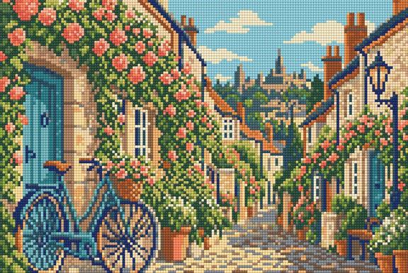 Diamond painting-motiv med en blå cykel vid en dörr på en bygata med klätterrosor