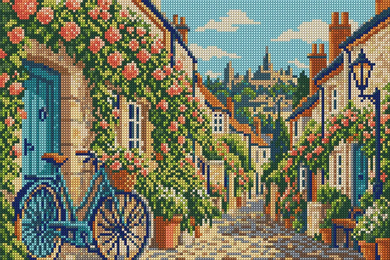 Circus Lane Bicycle Stop, 45x30 cm diamond painting – full design preview without the close-up inset
