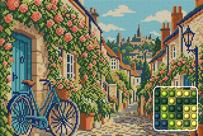 Circus Lane Bicycle Stop, 45x30 cm diamond painting – finished design preview with a close-up of round drills