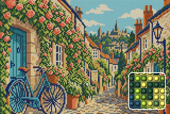 Circus Lane Bicycle Stop, 45x30 cm diamond painting – finished design preview with a close-up of round drills