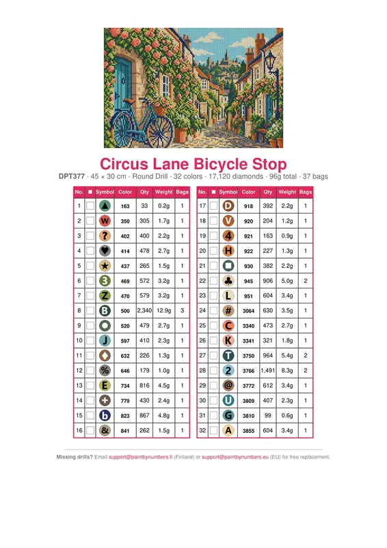 DMC color chart for Circus Lane Bicycle Stop diamond painting - 32 colors