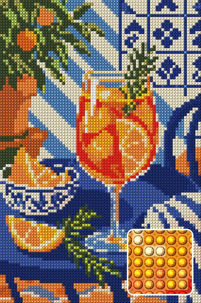 Citrus Spritz in the Sun, 20x30 cm diamond painting – finished design preview with a close-up of round drills
