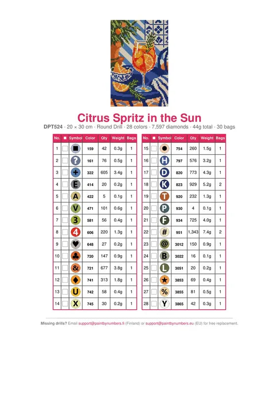 DMC color chart for Citrus Spritz in the Sun diamond painting - 28 colors