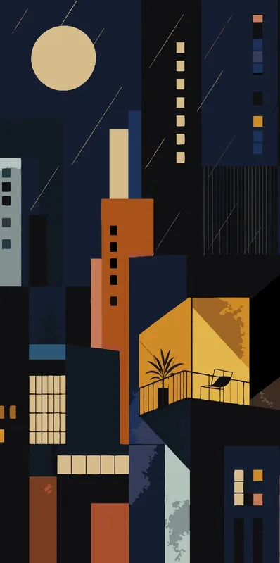 City buildings at night paint by numbers. Full moon and lit balcony.