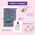 Thumbnail for What is included in the City Girl diamond painting kit - adhesive canvas, reference sheet, tools and numbered drill bags