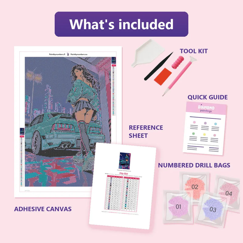 What is included in the City Girl diamond painting kit - adhesive canvas, reference sheet, tools and numbered drill bags