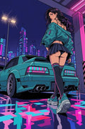 Thumbnail for Diamond Painting of a neon city scene with a young woman and sports car at night.