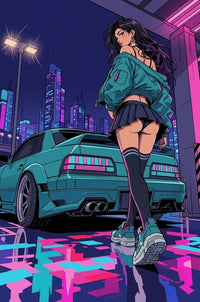 Thumbnail for Diamond Painting of a neon city scene with a young woman and sports car at night.
