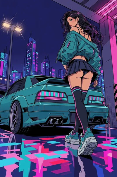 Diamond Painting of a neon city scene with a young woman and sports car at night.