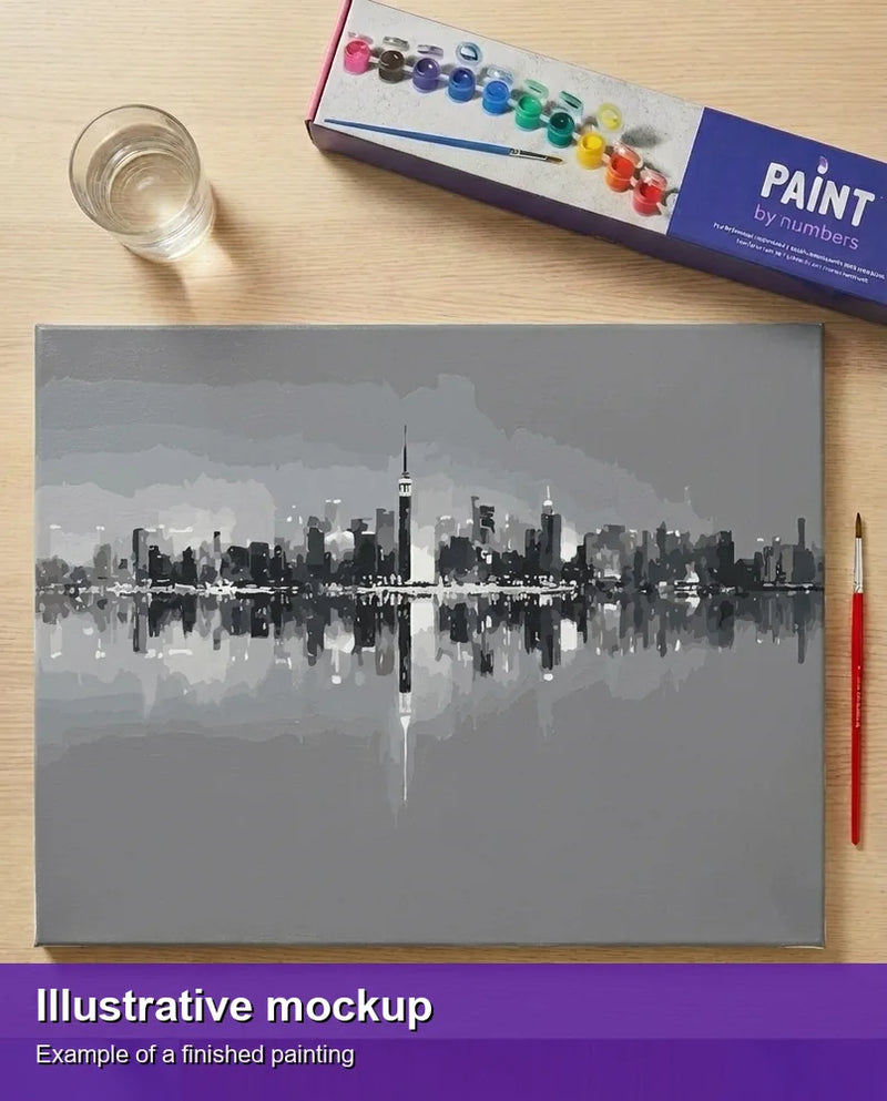 Finished paint by numbers mockup - City Skyline Reflection 50x40cm