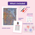 Thumbnail for What is included in the City Street Rain diamond painting kit - adhesive canvas, reference sheet, tools and numbered drill bags