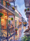 Thumbnail for Diamond Painting of a rainy city street with café, streetcar, and people with umbrellas.