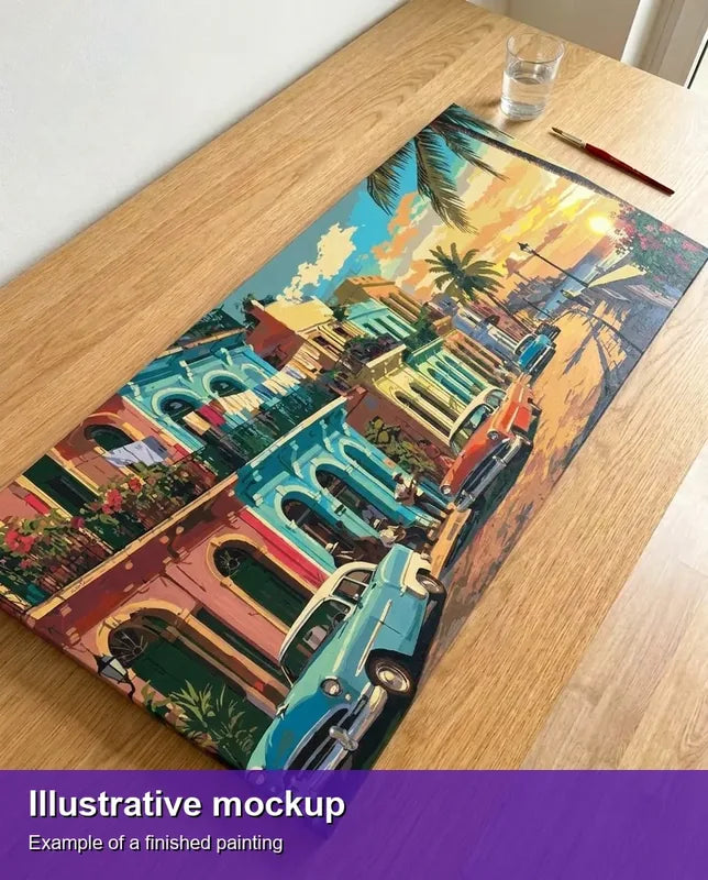 Illustration of the completed paint by numbers - Classic Cars on Havana Street 80x40cm