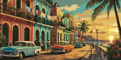 Classic cars and colorful houses on a street in Havana Paint By Numbers.