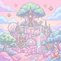 Thumbnail for Diamond Painting of a pastel fantasy castle with pink cliffs and ornate spires.