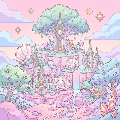 Diamond Painting of a pastel fantasy castle with pink cliffs and ornate spires.