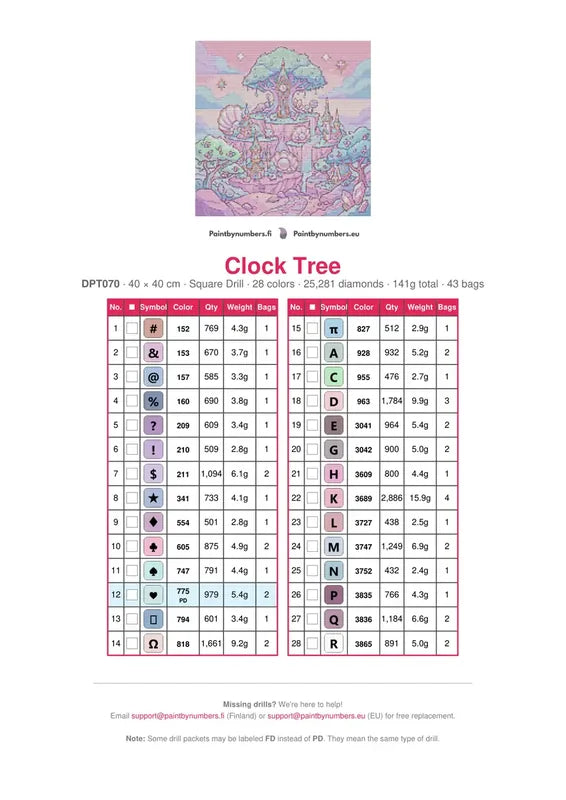 DMC color chart for Clock Tree diamond painting - 28 colors